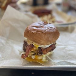Wicked Fresh Craft Burgers - Mountain man burger with yolk spilling over