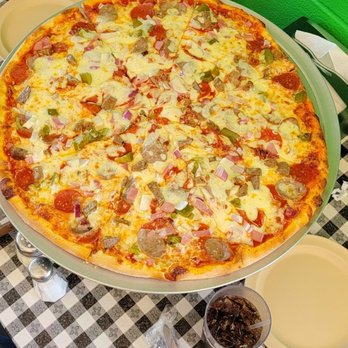Greenway Pizza - Meat Lover's Pizza With Peppers, Onions, and Extra Cheese - Pizza Near Me - Morganton, North Carolina
