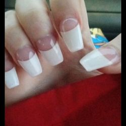 Horribly done acrylic French tip nails