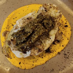 Roasted cauliflower with carrot hummus, Cipolini onion and chimichurri. (Vegan) Roasted cauliflower with carrot hummus, Cipolini onion and chimichurri. (Vegan)