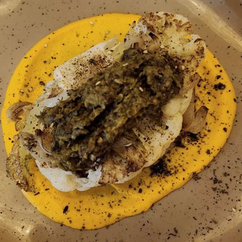 Chi Chi Restaurant - Roasted cauliflower with carrot  hummus, Cipolini onion and chimichurri. (Vegan) - Breakfast & Brunch Near Me - Palm Springs, California