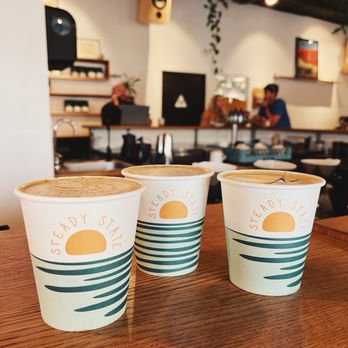Steady State Roasting - Honey, Please!! (left), PSL (middle), and Rosemary Latte (right) - Coffee Roasteries Near Me - Carlsbad, California