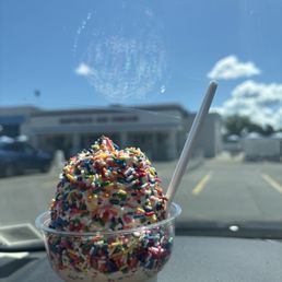 Small cake batter soft serve with rainbow sprinkles