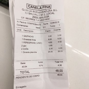 Canela Fina - Sample receipt 8/2018 - Spanish Near Me - Málaga, Massachusetts Canela Fina - Sample receipt 8/2018 - Spanish Near Me - Málaga, Massachusetts