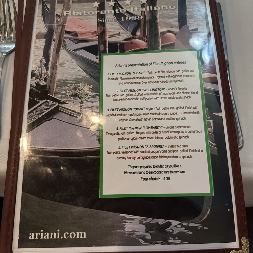 Ariani - Menu Cover - Italian Near Me - Cape Coral, Florida