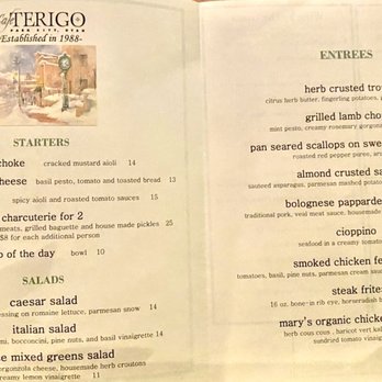 Cafe Terigo - Dinner Menu. We had Ceasar salad (delicious), Pan Seared Scallops (GlutenFree-5-star); Bolognese Pappardelle Pasta (good, 3.5-star). - Italian Near Me - Park City, Utah Cafe Terigo - Dinner Menu. We had Ceasar salad (delicious), Pan Seared Scallops (GlutenFree-5-star); Bolognese Pappardelle Pasta (good, 3.5-star). - Italian Near Me - Park City, Utah