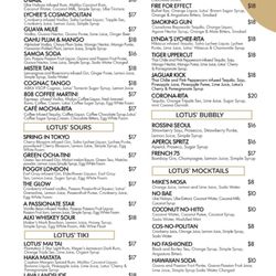 Lotus on The Beach - Page 1 of our drink menu.  Contains our cocktail list.