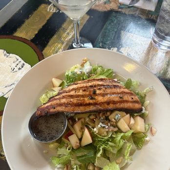 Harry's Roadhouse - Organic Apple Salad with salmon.  House margarita in the background. - Breakfast & Brunch Near Me - Santa Fe, New Mexico