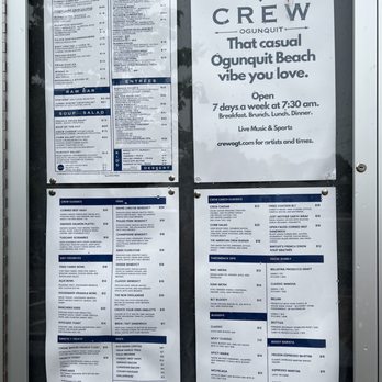CREW Ogunquit - Menu and hours board outside the restaurant. - Seafood Near Me - Ogunquit, Maine