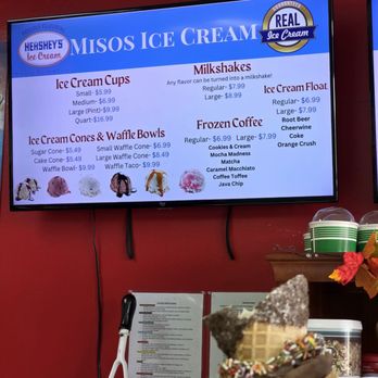 Miso's Ice Cream - Another lit menu on the wall and some chocolate dipped waffle cones up front. - Ice Cream & Frozen Yogurt Near Me - High Point, North Carolina