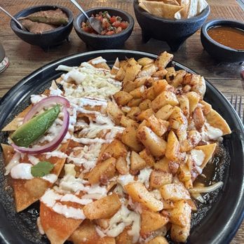Chilaquilicious - 2. Chilaquiles & Protein - potato and chorizo great flavor and crispy chips - Mexican Near Me - Azusa, California Chilaquilicious - 2. Chilaquiles & Protein - potato and chorizo great flavor and crispy chips - Mexican Near Me - Azusa, California