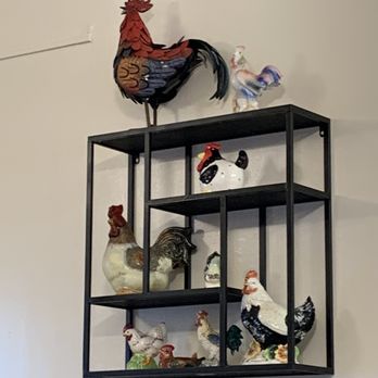 Just Breakfast - a shelf with chicken figurines on it - Breakfast & Brunch Near Me - San Jose, California Just Breakfast - a shelf with chicken figurines on it - Breakfast & Brunch Near Me - San Jose, California