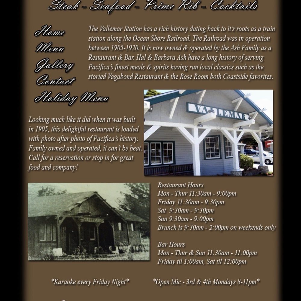 Vallemar Station - Posted hours from their website, which are different from what they say every time you walk in. - Steakhouses Near Me - Pacifica, California Vallemar Station - Posted hours from their website, which are different from what they say every time you walk in. - Steakhouses Near Me - Pacifica, California