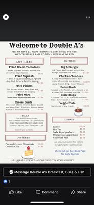 Menu photo 2 Double A's Breakfast BBQ & Fish Frostproof, FL Menu photo 2 Double A's Breakfast BBQ & Fish Frostproof, FL