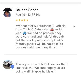 Triple C Auto Sales - Such a sweet lady! 5 Star Reviews are the biggest compliment we can get! This one is on GOOGLE :) - Commercial Truck Dealers Near Me - Gainesville, Texas