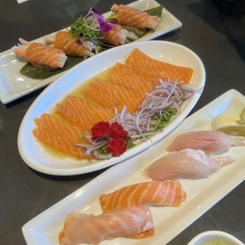 URBN Sushi - Top: Screaming Salmon Center: Salmon Carpaccio  Bottom: Salmon Belly & Yellowtail Belly Nigiri - Japanese Near Me - San Diego, California