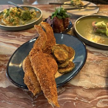 Joyce - CORNMEAL CRUSTED NASHVILLE HOT CATFISH buttermilk marinade, fried house dill pickles, red remoulade - Southern Near Me - Los Angeles, California