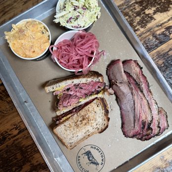 Hometown Bar-B-Que - 1/2 Pound Brisket (~$22), Pastrami Sandwich (~$32), Small Mac & Cheese (~$8), Small Hometown Slaw (~$7), Pickled Onions (free) - Barbeque Near Me - Brooklyn, New York