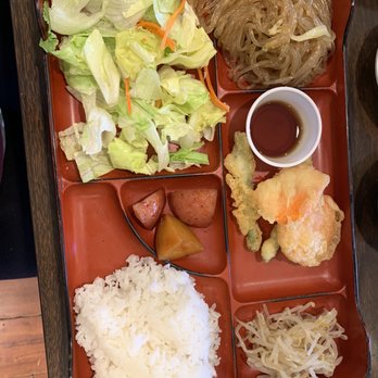 Korea House - Accompaniment to the BBQ: rice, noodles, salad, tempura and potatoes - Korean Near Me - Concord, California