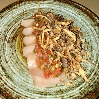 Leona's - Albacore sashimi with pico de gallo and crispy onions. - Sushi Bars Near Me - Studio City, California Leona's - Albacore sashimi with pico de gallo and crispy onions. - Sushi Bars Near Me - Studio City, California
