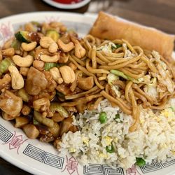 Lock Chun - Lunch soecial. Cashew chicken, spring roll and half chowmein, half fried rice