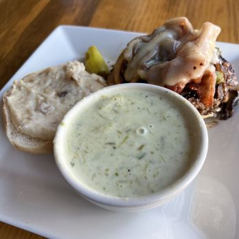 Junkyard Bistro - Garlic Burger with Creamy Asparagus soup - Brasseries Near Me - Salmon, Idaho Junkyard Bistro - Garlic Burger with Creamy Asparagus soup - Brasseries Near Me - Salmon, Idaho