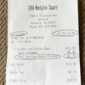 CAVA - My receipt from 10:49 a.m. on 5/12/26 - Mediterranean Near Me - Ventura, California