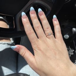 Blue French tip acrylic nails W/ mini white wave details on the tips. Blue French tip acrylic nails W/ mini white wave details on the tips.