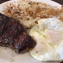 Steak and eggs, delicious and perfectly cooked at the medium rare I asked for. Steak and eggs, delicious and perfectly cooked at the medium rare I asked for.