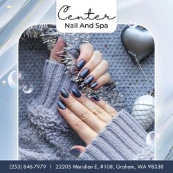 Center Nails and Spa - Cold weather, but your nails can still shine!  Blue nails with the perfect touch of bling for a dazzling winter look.