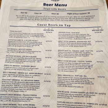 Trail Life Brewing - Beer menu (8/24/2022) - Brewpubs Near Me - Grand Junction, Colorado Trail Life Brewing - Beer menu (8/24/2022) - Brewpubs Near Me - Grand Junction, Colorado
