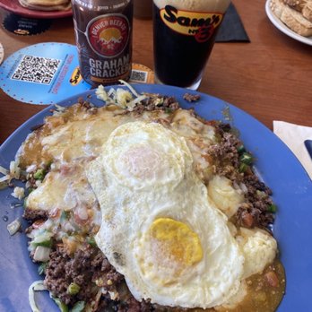 Sam's No 3 - Potato stack smothered with green chili accompanied by Graham cracker porter.... Because why not? - Breakfast & Brunch Near Me - Denver, Colorado Sam's No 3 - Potato stack smothered with green chili accompanied by Graham cracker porter.... Because why not? - Breakfast & Brunch Near Me - Denver, Colorado