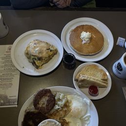 Hash-browns, two eggs over medium, two sausage patties, toast, gravy, homemade jam and coffee. Hash-browns, two eggs over medium, two sausage patties, toast, gravy, homemade jam and coffee.