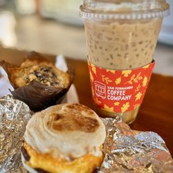 San Fernando Coffee - Sausage, egg and cheese breakfast biscuit, Dulce de leche latte, and a blueberry streusel muffin. YUM!