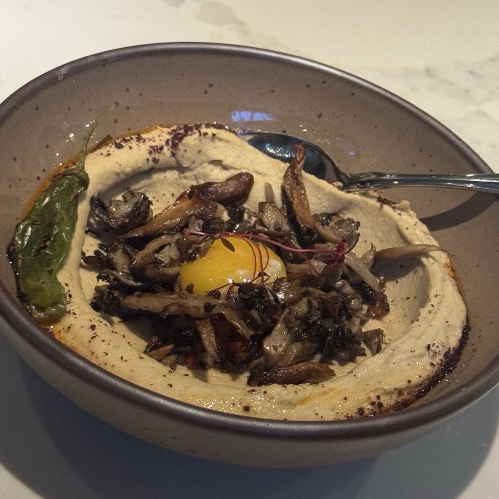 Delbar Middle Eastern - Hummus with mushrooms, shishito pepper, and egg center - Persian/Iranian Near Me - Atlanta, Georgia