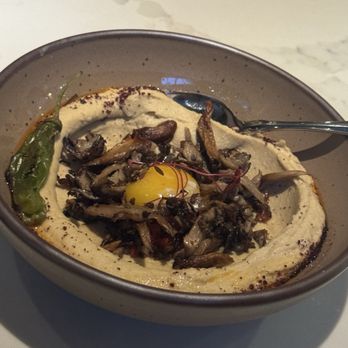 Delbar Middle Eastern - Hummus with mushrooms, shishito pepper, and egg center - Persian/Iranian Near Me - Atlanta, Georgia