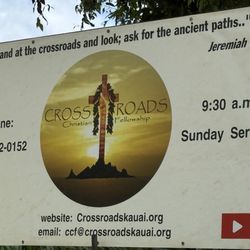 Crossroads Christian Fellowship - Sign in front of entrance. Open at 9:30, service starts at 10. Park, then Go in and take a seat.