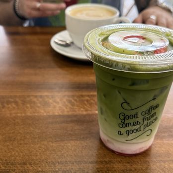 Tarrazu Coffee Co - Iced strawberry matcha and Cafe bombon - Coffee & Tea Near Me - Coconut Creek, Florida
