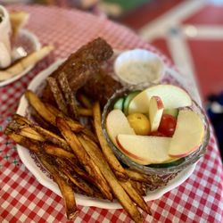Humble Moon Saloon - Fried Fish with fries and fruit/veggie sides - great light batter and moist flaky fish