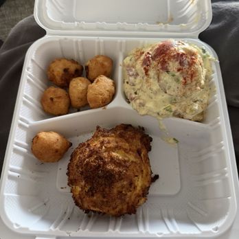 Frye's Famous Crab Cake - Platter: 8 oz crab cake, potato salad and hush puppies - Seafood Near Me - Manassas, Virginia