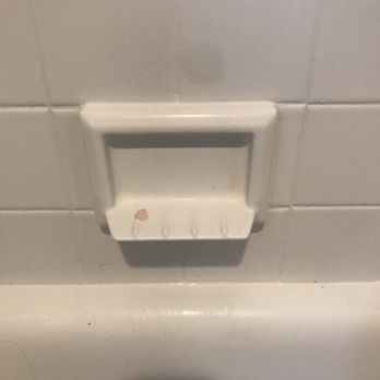 Premier Refinishing - big chip on the soap dish so the pink it showing through. - Refinishing Services Near Me