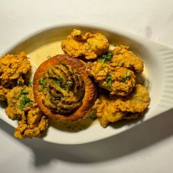 Oysters three ways- the poached ones under the fried are simply amazing!