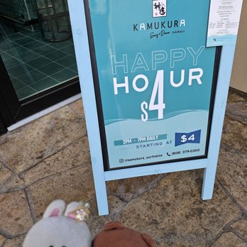 Kamukura Surf + Dine - Sidewalk sign for Happy Hour - Ramen Near Me - Honolulu, Hawaii Kamukura Surf + Dine - Sidewalk sign for Happy Hour - Ramen Near Me - Honolulu, Hawaii