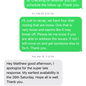 L&E Hardwood Flooring - After three months of text messages, Francisco finally promised to come on March 26 at 9am to fix the stairs. He never showed up. - Flooring Near Me