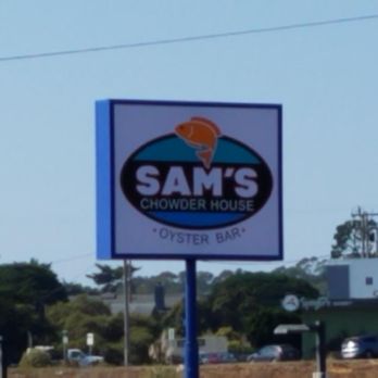 Sam's Chowder House - Sam's Chowder House sign, off Highway 1. - Seafood Near Me - Half Moon Bay, California Sam's Chowder House - Sam's Chowder House sign, off Highway 1. - Seafood Near Me - Half Moon Bay, California
