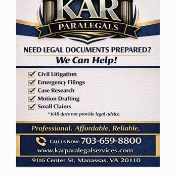 KAR Paralegal Services - Legal Services Near Me - Manassas, Virginia
