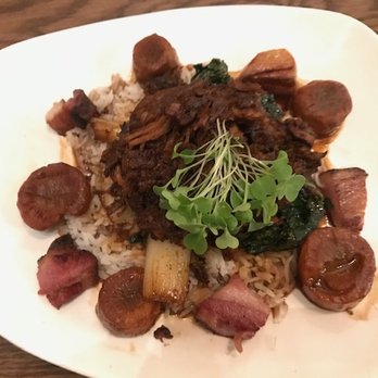 Red Rooster - Braised Pork Shoulder, roasted carrots, basmati rice, crispy pork belly, boo choy - New American Near Me - Oklahoma City, Oklahoma Red Rooster - Braised Pork Shoulder, roasted carrots, basmati rice, crispy pork belly, boo choy - New American Near Me - Oklahoma City, Oklahoma
