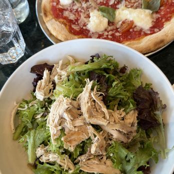 Massilia - Burrata Margherita Pizza and Salade Verte with Grilled Chicken - French Near Me - Los Angeles, California Massilia - Burrata Margherita Pizza and Salade Verte with Grilled Chicken - French Near Me - Los Angeles, California