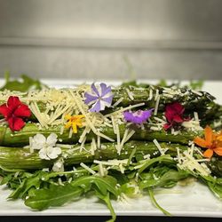 18th Amendment - Fresh chilled local asparagus salad, with inglehoffer aioli, shredded parmesan & edible flowers.
