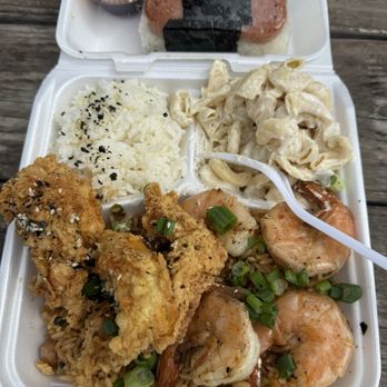 Maui's on Main - Garlic shrimp & Hawaiian Fried Chicken plate ft. Mac salad white rice and spam fried rice. - Burgers Near Me - San Antonio, Texas